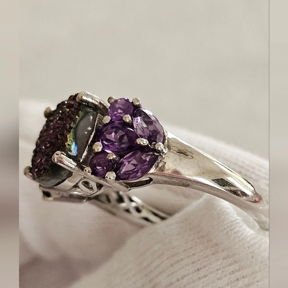 Purple Drusy African Amethyst Ring Platinum Over 925 Sterling Silver Sz 8